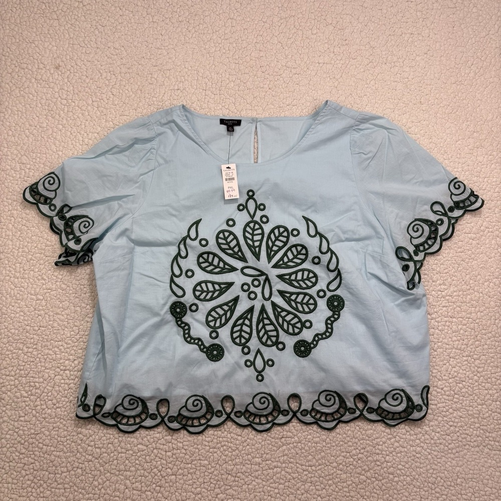 NWT Talbots Embroidered Top Blue Green Voile Richelieu Scalloped Eyelet Size PXL